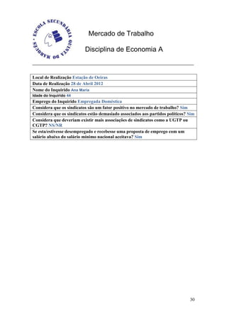 Mercado de Trabalho

                          Disciplina de Economia A


Local de Realização Estação de Oeiras
Data de Realização 28 de Abril 2012
Nome do Inquirido Ana Maria
Idade do Inquirido 44
Emprego do Inquirido Empregada Doméstica
Considera que os sindicatos são um fator positivo no mercado de trabalho? Sim
Considera que os sindicatos estão demasiado associados aos partidos políticos? Sim
Considera que deveriam existir mais associações de sindicatos como a UGTP ou
CGTP? NS/NR
Se esta/estivesse desempregado e recebesse uma proposta de emprego com um
salário abaixo do salário mínimo nacional aceitava? Sim




                                                                               30
 