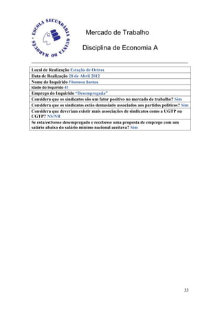 Mercado de Trabalho

                          Disciplina de Economia A


Local de Realização Estação de Oeiras
Data de Realização 28 de Abril 2012
Nome do Inquirido Filomena Santos
Idade do Inquirido 41
Emprego do Inquirido “Desempregada”
Considera que os sindicatos são um fator positivo no mercado de trabalho? Sim
Considera que os sindicatos estão demasiado associados aos partidos políticos? Sim
Considera que deveriam existir mais associações de sindicatos como a UGTP ou
CGTP? NS/NR
Se esta/estivesse desempregado e recebesse uma proposta de emprego com um
salário abaixo do salário mínimo nacional aceitava? Sim




                                                                               33
 