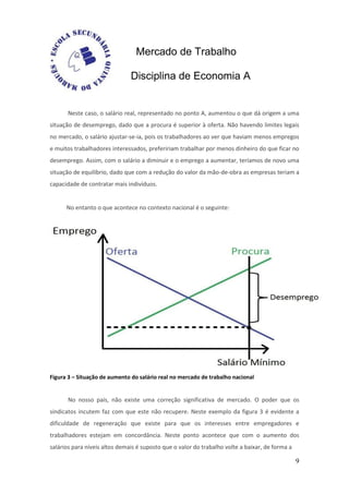Mercado de Trabalho

                               Disciplina de Economia A


      Neste caso, o salário real, representado no ponto A, aumentou o que dá origem a uma
situação de desemprego, dado que a procura é superior à oferta. Não havendo limites legais
no mercado, o salário ajustar-se-ia, pois os trabalhadores ao ver que haviam menos empregos
e muitos trabalhadores interessados, prefeririam trabalhar por menos dinheiro do que ficar no
desemprego. Assim, com o salário a diminuir e o emprego a aumentar, teríamos de novo uma
situação de equilíbrio, dado que com a redução do valor da mão-de-obra as empresas teriam a
capacidade de contratar mais indivíduos.


      No entanto o que acontece no contexto nacional é o seguinte:




Figura 3 – Situação de aumento do salário real no mercado de trabalho nacional


       No nosso país, não existe uma correção significativa de mercado. O poder que os
sindicatos incutem faz com que este não recupere. Neste exemplo da figura 3 é evidente a
dificuldade de regeneração que existe para que os interesses entre empregadores e
trabalhadores estejam em concordância. Neste ponto acontece que com o aumento dos
salários para níveis altos demais é suposto que o valor do trabalho volte a baixar, de forma a

                                                                                                 9
 