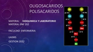 OLIGOSACARIDOS
POLISACARIDOS
MATERIA: BIOQUIMICA Y LABORATORIO
MATERIA: ENF 202
FACULTAD: ENFERMERIA
UAJMS
GESTION 2022
 