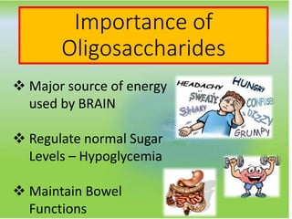 Importance of
Oligosaccharides
 Major source of energy
used by BRAIN
 Regulate normal Sugar
Levels – Hypoglycemia
 Maintain Bowel
Functions
 