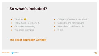 10
#BrightonSEO @olidigital
So what’s included?
● 138 slides 😅
● Tricky math - 13 trillion / 15
● Facts about sneezing
● Two client examples
● Obligatory Twitter Screenshots
● ‘Up and to the right’ graphs
● A couple of cool (free) tools
● 17 gifs
The exact approach we took
 