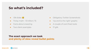 11
#BrightonSEO @olidigital
So what’s included?
● 138 slides 😅
● Tricky math - 13 trillion / 15
● Facts about sneezing
● Two client examples
● Obligatory Twitter Screenshots
● ‘Up and to the right’ graphs
● A couple of cool (free) tools
● 17 gifs
The exact approach we took
and plenty of slow reveal bullet points
 