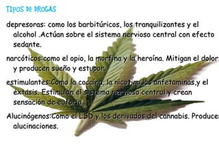 TIPOS DE DROGAS depresoras: como los barbitúricos, los tranquilizantes y el  alcohol .Actúan  sobre el sistema nervioso central con efecto sedante. narcóticos:como el opio, la morfina y la heroína. Mitigan el dolor y producen sueño y estupor. estimulantes:Como la cocaína, la nicotina,las anfetaminas,y el  éxtasis. Estimulan  el sistema nervioso central y crean  sensación  de euforia. Alucinógenos:Como el LSD y los derivados del  cannabis. Producen  alucinaciones. 