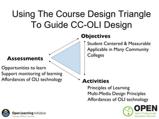Using The Course Design Triangle
         To Guide CC-OLI Design
                                 Objectives
             ...