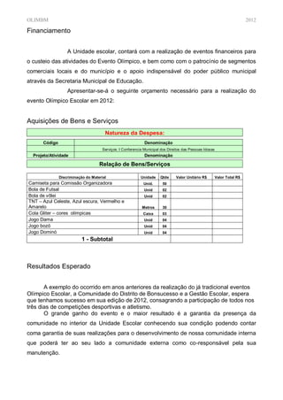 OLIMBM                                                                                                                     2012

Financiamento


                   A Unidade escolar, contará com a realização de eventos financeiros para
o custeio das atividades do Evento Olímpico, e bem como com o patrocínio de segmentos
comerciais locais e do município e o apoio indispensável do poder público municipal
através da Secretaria Municipal de Educação.
                   Apresentar-se-á o seguinte orçamento necessário para a realização do
evento Olímpico Escolar em 2012:


Aquisições de Bens e Serviços
                                       Natureza da Despesa:
      Código                                                  Denominação
                                      Serviços: I Conferencia Municipal dos Direitos das Pessoas Idosas
  Projeto/Atividade                                           Denominação

                                    Relação de Bens/Serviços

               Discriminação do Material                    Unidade    Qtde     Valor Unitário R$         Valor Total R$
Camiseta para Comissão Organizadora                          Unid.      50
Bola de Futsal                                                Unid      02
Bola de vôlei                                                 Unid      02
TNT – Azul Celeste, Azul escura, Vermelho e
Amarelo                                                      Metros     30
Cola Gliter – cores olímpicas                                Caixa      03
Jogo Dama                                                     Unid      04
Jogo bozó                                                     Unid      04
Jogo Dominó                                                   Unid      04
                           1 - Subtotal



Resultados Esperado


       A exemplo do ocorrido em anos anteriores da realização do já tradicional eventos
Olímpico Escolar, a Comunidade do Distrito de Bonsucesso e a Gestão Escolar, espera
que tenhamos sucesso em sua edição de 2012, consagrando a participação de todos nos
três dias de competições desportivas e atletismo.
       O grande ganho do evento e o maior resultado é a garantia da presença da
comunidade no interior da Unidade Escolar conhecendo sua condição podendo contar
coma garantia de suas realizações para o desenvolvimento de nossa comunidade interna
que poderá ter ao seu lado a comunidade externa como co-responsável pela sua
manutenção.
 
