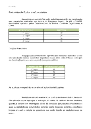 OLIMBM                                                                                     2012


Pontuações da Equipe em Competições


             As equipes em competições serão atribuídas pontuação por classificação
nas competições realizadas, nos termos do Regimento Interno, da XIII - OLIMBM,
devidamente aprovado pelos Coordenadores de Equipe, Comissão Organizadora e
CCDE.

             COLOCAÇÃO                                        PONTOS
               1º lugar                                         40
               2º lugar                                         30
               3º lugar                                         20
               4º lugar                                         10


Doações de Produtos


                  As equipes que doarem alimentos e produtos para manutenção da Unidade Escolar
serão classificadas segundo a quantidade de produtos doados, e lhes serão atribuídos pontos para
sua classificação geral nos eventos, seguindo os seguintes critérios:


                        COLOCAÇÃO              Produtos em Geral
                          1º lugar                    40
                          2º lugar                    30
                          3º lugar                    20
                          4º lugar                    10



As equipes: competirão entre si na Capitação de Doações



                As equipes competirão entre si, as quais já estão em trabalho de campo.
Fato este que ocorre logo após a realização do sorteio de cada um de seus membros,
quando já contam com informações, tabela de pontuação por produtos arrecadados os
quais são solicitados da comunidade e comercio local a doação de alimentos, produtos de
limpeza em gral e material de expediente que serão doação ao estabelecimento de
ensino.
 