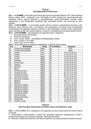OLIMBM                                                                                     2012
                                         TÍTULO I
                               Das Disposições Preliminares:

Art.1 – A OLIMBM - promovida pela Escola Municipal de Educação Básica Profª. Maria Barbosa
Martins, desde 2000 - chegando a sua XIII Edição em 2012, regular-se-á, genericamente pelo
regimento interno vigente aplicável e, especificamente, pelas disposições contidas nesse
regulamento e atos disciplinares expedidos pela autoridade escolar, nos exercícios de suas
funções.
Art.2 – A XIII OLIMBM - a comunidade escolar interna e externa: colaboradores docentes e não
docentes, corpo discente, pais e convidados, que participarem do Evento serão consideradas
conhecedoras da legislação esportiva aplicável e das disposições contidas neste regulamento,
assim submeter-se-ão, sem reserva alguma, a todas as conseqüências que dele possam emanar.
Art.3 – A XIII OLIMBM - será realizada nas seguintes séries / categorias:
    I. Educação Infantil: Pré-Escolar.
   II. Ensino Fundamental:
  III. Anos Iniciais: CBAC – Ciclo Básico de Alfabetização Cidadã
  IV. Anos Iniciais: 4º e 5º ANO
   V. Anos Finais: 6º ao 9º ANO
Art.4 – Serão oferecidas as seguintes modalidades, conforme quadro abaixo:
  Ord.             Modalidade               Naipe     Nº de Atletas            Categoria
 01     Futsal (Comunidade)              Masc.        08                         Pais
 02     Futsal (Comunidade)              Fem.         08                        Mães
 03     Futsal                           Fem.         08                  6º ano ao 9º ano
 04     Futsal                           Fem.         08                  2º ano ao 5º ano
 05     Futsal                           Masc.        08                  6º ano ao 9º ano
 06     Futsal                           Masc.        08                  2º ano ao 5º ano
 07     Estafeta                         Mista        04                  6º ano ao 9º ano
 08     Chute a gol                      Mista        04                  6º ano ao 9º ano
 09     Damas                            Mista        01                  6º ano ao 9º ano
 10     Dominó                           Mista        01                  6º ano ao 9º ano
 11     Bozó                             Mista        01                  6º ano ao 9º ano
 12     Corrida do saco                  Mista        02                  6º ano ao 9º ano
 13     Corrida do saco                  Mista        02                  Ed. Inf. ao 5º ano
 14     Corrida do Limão                 Mista        02                  Ed. Inf. ao 5º ano
 15     Corrida do Limão                 Mista        02                  6º ano ao 9º ano
 16     Prova da Tabuada                 Mista        02                  3º ano ao 5º ano
 17     Boliche                          Mista        02                  Edu. Inf. e 1º ano
 18     Boliche                          Mista        02                  4º ano e 5º ano
 19     Dança da cadeira                 Mista        02                  6º ano ao 9º ano
 20     Dança da cadeira                 Mista        02                  2º ano ao 4º ano
 21     Dança da cadeira                 Mista        02                  Chefe de equipe
 22     Corrida do sapato                Mista        04                  4º ano ao 5º ano
 23     Corrida do colete                Mista        06                  6º ano ao 9º ano
 24     Chute no pneu                    Mista        02                  Ed. Inf. ao 2º ano
 25     Dança da laranja                 Mista        02                  Ed. Inf. ao 2º ano
 26     Queimada                         Mista        06                  1º ano ao 5º ano
 27     Acerte a cesta                   Mista        06                  6º ano ao 9º ano

                                         TÍTULO II
             Dos Princípios decorrentes da Política Interna de Desporto e Lazer

Art.5 – A XIII OLIMBM 2012, respalda-se nos seguintes princípios decorrentes da Política Interna
da Escola:
I – Democratizar e descentralizar a prática das atividades esportivas, assegurando a todos o
direito de participação em processo orientado interdisciplinarmente;
II – Estimular o desenvolvimento do nível técnico-esportivo das representações amadoras escolar;
 