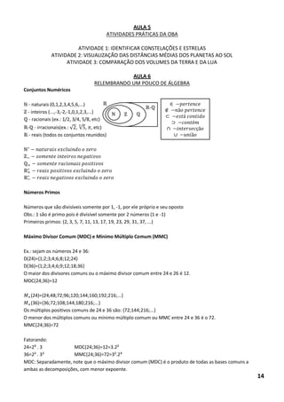 AULA 5 
ATIVIDADES PRÁTICAS DA OBA 
ATIVIDADE 1: IDENTIFICAR CONSTELAÇÕES E ESTRELAS 
ATIVIDADE 2: VISUALIZAÇÃO DAS DISTÂNCIAS MÉDIAS DOS PLANETAS AO SOL 
ATIVIDADE 3: COMPARAÇÃO DOS VOLUMES DA TERRA E DA LUA 
AULA 6 
RELEMBRANDO UM POUCO DE ÁLGEBRA 
Conjuntos Numéricos 
- naturais (0,1,2,3,4,5,6,...) 
- inteiros (...,-3,-2,-1,0,1,2,3,...) 
- racionais (ex.: 1/2, 3/4, 5/8, etc) 
- - irracionais(ex.: √ , √ , , etc) 
- reais (todos os conjuntos reunidos) 
+ + 
Números Primos 
Números que são divisíveis somente por 1, -1, por ele próprio e seu oposto 
Obs.: 1 são é primo pois é divisível somente por 2 números (1 e -1) 
Primeiros primos: (2, 3, 5, 7, 11, 13, 17, 19, 23, 29, 31, 37, ...) 
Máximo Divisor Comum (MDC) e Mínimo Múltiplo Comum (MMC) 
Ex.: sejam os números 24 e 36: 
D(24)={1;2;3;4;6;8;12;24} 
D(36)={1;2;3;4;6;9;12;18;36} 
O maior dos divisores comuns ou o máximo divisor comum entre 24 e 26 é 12. 
MDC(24;36)=12 
+(24)={24;48;72;96;120;144;160;192;216;...} 
+(36)={36;72;108;144;180;216;...} 
Os múltiplos positivos comuns de 24 e 36 são: {72;144;216;...} 
O menor dos múltiplos comuns ou mínimo múltiplo comum ou MMC entre 24 e 36 é o 72. 
MMC(24;36)=72 
Fatorando: 
24=2³ . 3 MDC(24;36)=12=3.2² 
36=2² . 3² MMC(24;36)=72=3².2³ 
MDC: Separadamente, note que o máximo divisor comum (MDC) é o produto de todas as bases comuns a ambas as decomposições, com menor expoente. - ∈ 푝푒푟푡푒푛푐푒 ∉ 푛ã표 푝푒푟푡푒푛푐푒 ⊂ 푒푠푡á 푐표푛푡푖푑표 ⊃ 푐표푛푡é푚 ∩ 푖푛푡푒푟푠푒푐çã표 ∪ 푢푛푖ã표 14  