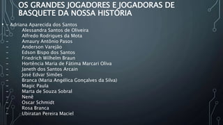 OS GRANDES JOGADORES E JOGADORAS DE
BASQUETE DA NOSSA HISTÓRIA
• - Adriana Aparecida dos Santos
- Alessandra Santos de Oliveira
- Alfredo Rodrigues da Mota
- Amaury Antônio Pasos
- Anderson Varejão
- Edson Bispo dos Santos
- Friedrich Wilhelm Braun
- Hortência Maria de Fátima Marcari Oliva
- Janeth dos Santos Arcain
- José Edvar Simões
- Branca (Maria Angélica Gonçalves da Silva)
- Magic Paula
- Marta de Souza Sobral
- Nenê
- Oscar Schmidt
- Rosa Branca
- Ubiratan Pereira Maciel
 