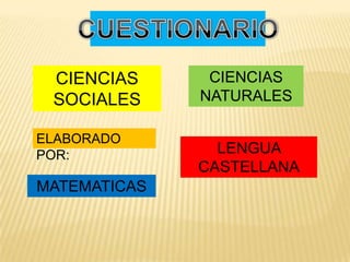 CIENCIAS
SOCIALES
CIENCIAS
NATURALES
MATEMATICAS
LENGUA
CASTELLANA
ELABORADO
POR:
 