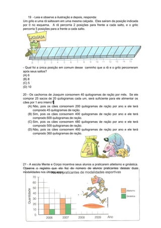 19 – Leia e observe a ilustração e depois, responda:
Um grilo e uma rã saltavam em uma mesma calçada. Eles saíram da posição indicada
por 0 no esquema. A rã percorria 2 posições para frente a cada salto, e o grilo
percorria 5 posições para a frente a cada salto.




- Qual foi a única posição em comum desse caminho que a rã e o grilo percorreram
após seus saltos?
(A) 6
(B) 8
(C) 5
(D) 10

20 – Os cachorros de Joaquim consomem 40 quilogramas de ração por mês. Se ele
comprar 25 sacos de 20 quilogramas cada um, será suficiente para ele alimentar os
cães por 1 ano inteiro?
    (A) Não, pois os cães consomem 200 quilogramas de ração por ano e ele terá
        comprado 45 quilogramas de ração.
    (B) Sim, pois os cães consomem 400 quilogramas de ração por ano e ele terá
        comprado 600 quilogramas de ração.
    (C) Sim, pois os cães consomem 480 quilogramas de ração por ano e ele terá
        comprado 500 quilogramas de ração.
    (D) Não, pois os cães consomem 460 quilogramas de ração por ano e ele terá
        comprado 360 quilogramas de ração.




21 – A escola Mente e Corpo incentiva seus alunos a praticarem atletismo e ginástica.
Observe o registro que ela fez do número de alunos praticantes dessas duas
modalidades nos últimos anos.
 