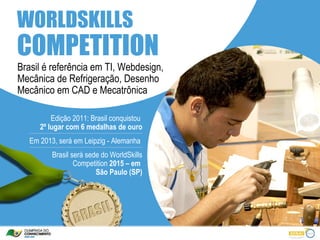 WORLDSKILLS
COMPETITION
Brasil é referência em TI, Webdesign,
Mecânica de Refrigeração, Desenho
Mecânico em CAD e Mecatrônica

          Edição 2011: Brasil conquistou
      2º lugar com 6 medalhas de ouro
   Em 2013, será em Leipzig - Alemanha
          Brasil será sede do WorldSkills
                  Competition 2015 – em
                         São Paulo (SP)
 
