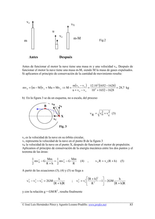vo
                                         vX
                         u
                                vo
                                              m-M                   Fig.2
 m



     Antes                      Después

Antes de funcionar el motor la nave tiene una masa m y una velocidad vo. Después de
funcionar el motor la nave tiene una masa m-M, siendo M la masa de gases expulsados.
Si aplicamos el principio de conservación de la cantidad de movimiento resulta:


                                     m(v o − v x ) 12.10 3 (1652 − 1628)
mv 0 = (m − M )v x + Mu + Mv o ⇒ M =              =                      = 28,7 kg
                                     u + vo − vx    10 4 + 1652 − 1628

b) En la figura 3 se da un esquema, no a escala, del proceso
                         vR
                  B             v0

                                                             v R = v o + v 2 (3)
                                                                     2
                                 X                                         c
                           vC

                                Fig. 3


vo es la velocidad de la nave en su órbita circular,
vv representa la velocidad de la nave en el punto B de la figura 3
vR la velocidad de la nave en el punto X, después de funcionar el motor de propulsión.
Aplicamos el principio de conservación de la energía mecánica entre los dos puntos y el
teorema de las áreas:

        1          Mm  1         Mm
          mv 2 − G    = mv 2 − G                  ( 4)   ,       v V R = v o (R + h )   (5)
                   R+h 2
             R             V
        2                         R

A partir de las ecuaciones (3), (4) y (5) se llega a

                                                     2 (R + h )
                               h                               2
                                                                                h
   v 2 − v o − v C = 2GM
           2     2
                                          ;    vC = vo 
                                                2
                                                                  − 1 − 2GM
     V
                           (R + h )R                    R
                                                           2
                                                                            (R + h )R

y con la relación g = GM/R2 , resulta finalmente



© José Luis Hernández Pérez y Agustín Lozano Pradillo. www.profes.net                         83
 