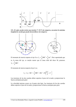 1ª                 2ª            3ª         4ª
              vy ’
                      caída              caída         caída      caída
              E

                     0º                    270 360º
                                           º
              O                                                                        φ
                          90      180º
                          º
              B

2.5.- Si cada cuerda resiste una tensión T =10 N sin romperse, encontrar la máxima
longitud de cuerda que puede desenrollarse sin romperse.



                                                                               r

                              A

                φ                                                     R            T
                          r
                                           v                               S       A
                v                  vMAX
                          S                                                    Mg


                                         1       1
El momento de inercia respecto al eje S es I S =
                                           MR 2 + mr 2 . Pero suponiendo que
                                         2       2
m, la masa del eje, es mucho menor que la masa total del disco M, ponemos
     1
I S = MR 2 .
     2

El momento de inercia respecto al eje A es:

                                               1                 R2  2
                      I A = I S + Mr 2 =         MR 2 + Mr 2 = M
                                                                 2 +r 
                                                                       
                                               2                      

Las tensiones de las dos cuerdas deben soportar el peso de la rueda y proporcionar la
fuerza centrípeta para girar

La velocidad máxima ocurre en el punto más bajo. Las tensiones de las dos cuerdas
deben soportar el peso de la rueda y proporcionar la fuerza centrípeta para girar




© José Luis Hernández Pérez y Agustín Lozano Pradillo. www.profes.net                      159
 