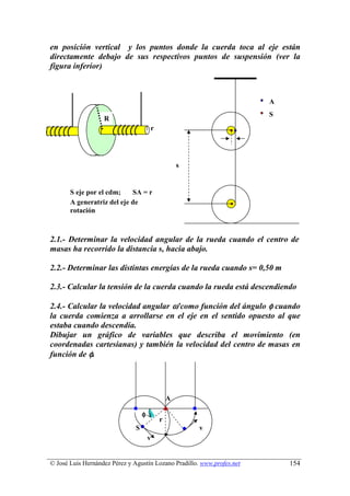 en posición vertical y los puntos donde la cuerda toca al eje están
directamente debajo de sus respectivos puntos de suspensión (ver la
figura inferior)



                                                                        A
                                                                        S
                   R
                                       r




                                                   s


       S eje por el cdm;    SA = r
       A generatriz del eje de
       rotación



2.1.- Determinar la velocidad angular de la rueda cuando el centro de
masas ha recorrido la distancia s, hacia abajo.

2.2.- Determinar las distintas energías de la rueda cuando s= 0,50 m

2.3.- Calcular la tensión de la cuerda cuando la rueda está descendiendo

2.4.- Calcular la velocidad angular ω’como función del ángulo φ cuando
la cuerda comienza a arrollarse en el eje en el sentido opuesto al que
estaba cuando descendía.
Dibujar un gráfico de variables que describa el movimiento (en
coordenadas cartesianas) y también la velocidad del centro de masas en
función de φ.




                                               A

                                   φ
                                           r
                               S                       v
                                       v


© José Luis Hernández Pérez y Agustín Lozano Pradillo. www.profes.net       154
 