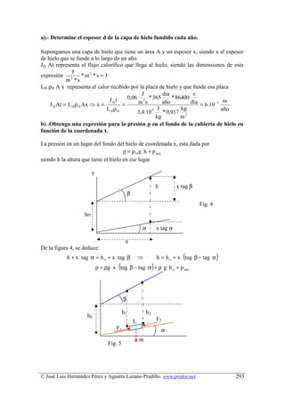 a).- Determine el espesor d de la capa de hielo fundido cada año.

Supongamos una capa de hielo que tiene un área A y un espesor x, siendo x el espesor
de hielo que se funde a lo largo de un año.
JQ At representa el flujo calorífico que llega al hielo, siendo las dimensiones de esta
               J
expresión 2 * m 2 * s = J
            m *s
LH ρH A x representa el calor recibido por la placa de hielo y que funde esa placa
                                             J         dia          s
                               JQt    0,06 2 * 365         * 86400
    J Q At = L H ρ H Ax ⇒ x =       =       m s        año         día = 6.10 −3 m
                              L HρH                  J         kg               año
                                           3,4.10 5    * 0,917 3
                                                    kg         m
b).-Obtenga una expresión para la presión p en el fondo de la cubierta de hielo en
función de la coordenada x.

La presión en un lugar del fondo del hielo de coordenada x, esta dada por
                                      p = ρ H g h + p atm
siendo h la altura que tiene el hielo en ese lugar

                        y

                                                                    h         x tag β
                                               β
                                                                                        Fig. 4
                   ho

                                                       α            x tag α

                                           x
De la figura 4, se deduce:
           h + x tag α = h o + x tag β                 ⇒                         (
                                                                    h = h o + x tag β − tag α    )
                                      (                         )
                            p = ρg x tag β − tag α + ρ g h o + p atm




                                          β

                                          h1               h2
                    h0
                                                   L                F2
                                    F1                                  α
                                                       m
                                 Fig. 5
                                                       g




© José Luis Hernández Pérez y Agustín Lozano Pradillo. www.profes.net                                293
 