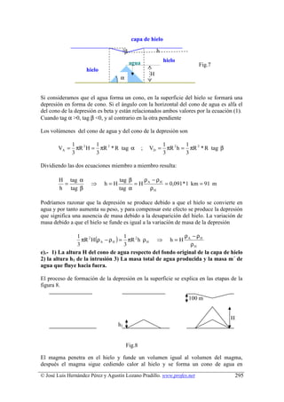 capa de hielo

                                       β                  h

                                           agua               hielo
                                                                         Fig.7
                    hielo
                                                      H
                                   α


Si consideramos que el agua forma un cono, en la superficie del hielo se formará una
depresión en forma de cono. Si el ángulo con la horizontal del cono de agua es alfa el
del cono de la depresión es beta y están relacionados ambos valores por la ecuación (1).
Cuando tag α >0, tag β <0, y al contrario en la otra pendiente

Los volúmenes del cono de agua y del cono de la depresión son

           1        1                                     1        1
       VA = πR 2 H = πR 2 * R tag α               ;   VD = πR 2 h = πR 2 * R tag β
           3        3                                     3        3

Dividiendo las dos ecuaciones miembro a miembro resulta:

        H tag α                    tag β   ρ − ρH
         =            ⇒     h=H          =H A     = 0,091 * 1 km = 91 m
        h tag β                    tag α      ρH

Podríamos razonar que la depresión se produce debido a que el hielo se convierte en
agua y por tanto aumenta su peso, y para compensar este efecto se produce la depresión
que significa una ausencia de masa debido a la desaparición del hielo. La variación de
masa debido a que el hielo se funde es igual a la variación de masa de la depresión

                                                            ρ − ρH
                  πR 2 H(ρ A − ρ H ) = πR 2 h ρ H ⇒ h = H A
                1                     1
                3                     3                       ρH
e).- 1) La altura H del cono de agua respecto del fondo original de la capa de hielo
2) la altura h1 de la intrusión 3) La masa total de agua producida y la masa m´ de
agua que fluye hacia fuera.

El proceso de formación de la depresión en la superficie se explica en las etapas de la
figura 8.

                                                                      100 m


                                                                                     H
                                  h1


                                       Fig.8

El magma penetra en el hielo y funde un volumen igual al volumen del magma,
después el magma sigue cediendo calor al hielo y se forma un cono de agua en
© José Luis Hernández Pérez y Agustín Lozano Pradillo. www.profes.net                    295
 