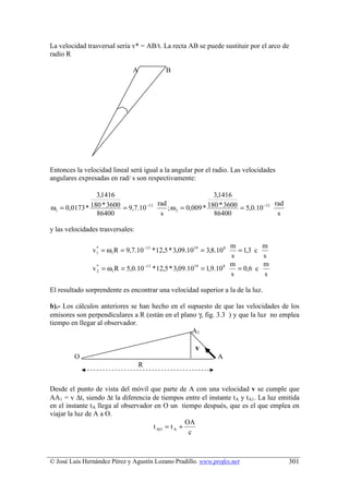 La velocidad trasversal sería v* = AB/t. La recta AB se puede sustituir por el arco de
radio R

                              A            B




Entonces la velocidad lineal será igual a la angular por el radio. Las velocidades
angulares expresadas en rad/ s son respectivamente:

                3,1416                                      3,1416
                                      rad                                         rad
ω1 = 0,0173 * 180 * 3600 = 9,7.10 −13     ; ω 2 = 0,009 * 180 * 3600 = 5,0.10 −13
                86400                  s                    86400                  s

y las velocidades trasversales:

                                                                      m         m
               v1 = ω1 R = 9,7.10 −13 * 12,5 * 3,09.1019 = 3,8.10 8
                *
                                                                        = 1,3 c
                                                                      s         s
                                                                      m         m
               v * = ω1R = 5,0.10 −13 * 12,5 * 3,09.1019 = 1,9.10 8
                 2                                                      = 0,6 c
                                                                      s         s

El resultado sorprendente es encontrar una velocidad superior a la de la luz.

b).- Los cálculos anteriores se han hecho en el supuesto de que las velocidades de los
emisores son perpendiculares a R (están en el plano γ, fig. 3.3 ) y que la luz no emplea
tiempo en llegar al observador.
                                                  A1

                                                       v
         O                                                      A
                                  R


Desde el punto de vista del móvil que parte de A con una velocidad v se cumple que
AA1 = v ∆t, siendo ∆t la diferencia de tiempos entre el instante tA y tA1. La luz emitida
en el instante tA llega al observador en O un tiempo después, que es el que emplea en
viajar la luz de A a O.
                                                   OA
                                      t AO = t A +
                                                    c



© José Luis Hernández Pérez y Agustín Lozano Pradillo. www.profes.net                   301
 