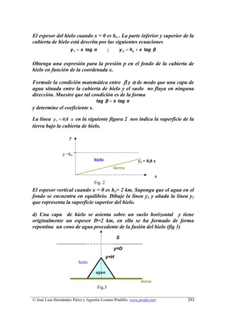 El espesor del hielo cuando x = 0 es ho . La parte inferior y superior de la
cubierta de hielo está descrita por las siguientes ecuaciones
                     y 1 = x tag α           ;      y 2 = ho + x tag β


Obtenga una expresión para la presión p en el fondo de la cubierta de
hielo en función de la coordenada x.

Formule la condición matemática entre β y α de modo que una capa de
agua situada entre la cubierta de hielo y el suelo no fluya en ninguna
dirección. Muestre que tal condición es de la forma
                                   tag β = s tag α
y determine el coeficiente s.

La línea y 1 = 0,8 x en la siguiente figura 2 nos indica la superficie de la
tierra bajo la cubierta de hielo.

                    y


                y =ho
                                  hielo                      y1 = 0,8 x
                                                 tierra
                                                                       x
                                  Fig. 2
El espesor vertical cuando x = 0 es ho= 2 km. Suponga que el agua en el
fondo se encuentra en equilibrio. Dibuje la línea y1 y añada la línea y2
que representa la superficie superior del hielo.

d) Una capa de hielo se asienta sobre un suelo horizontal y tiene
originalmente un espesor D=2 km, en ella se ha formado de forma
repentina un cono de agua procedente de la fusión del hielo (fig 3)
                                                  S

                                                 y=D
                                           y=H
                         hielo

                                   agua
                                                              tierra
                                     Fig.3

© José Luis Hernández Pérez y Agustín Lozano Pradillo. www.profes.net      291
 