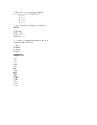 13. ¿En cuál de los bimestres las tres viviendas
consumieron la misma cantidad de agua?
A. en el 4.
B. en el 2.
C. en el 6.
D. en el 7.
14. ¿Qué vivienda tuvo el mayor consumo en el 7-
Bimestre?
A. Vivienda P
B. Vivienda Q
C. Vivienda R
D. Vivienda P y Q
15. ¿Cuál fue el promedio de consumo en m³ de la
vivienda Q, en los 7-Bimestres?
A. 33,4 m³
B. 53,4 m³
C. 30,4 m³
D. 23,4 m³
RESPUESTAS:
1. B
2. A
3. A
4. B
5. A
6. C
7. B
8. B
9. B
10. A
11. D
12. C
13. A
14. A
15. A
 