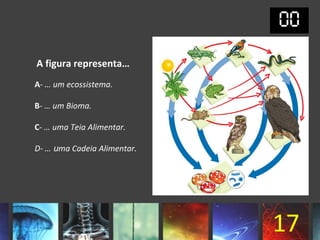 A figura representa…
A- … um ecossistema.

B- … um Bioma.

C- … uma Teia Alimentar.

D- … uma Cadeia Alimentar.




                             17
 