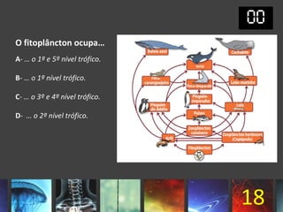 O fitoplâncton ocupa…
A- … o 1º e 5º nível trófico.

B- … o 1º nível trófico.

C- … o 3º e 4º nível trófico.

D- … o 2º nível trófico.




                                18
 