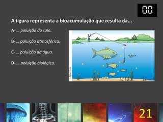 A figura representa a bioacumulação que resulta da...
A- … poluição do solo.

B- … poluição atmosférica.

C- … poluição da água.

D- … poluição biológica.




                                                        21
 