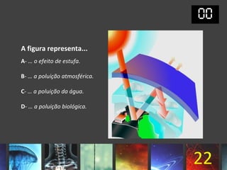 A figura representa...
A- … o efeito de estufa.

B- … a poluição atmosférica.

C- … a poluição da água.

D- … a poluição biológica.




                               22
 