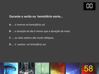 Durante o verão no hemisfério norte…

A- … é inverno no hemisfério sul.

B- … a duração do dia é menor que a duração da noite.

C- … os raios solares são muito oblíquos.

D- … é outono no hemisfério sul.




                                                        58
 