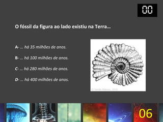 O fóssil da figura ao lado existiu na Terra…


A- … há 35 milhões de anos.

B- … há 100 milhões de anos.

C- … há 280 milhões de anos.

D- … há 400 milhões de anos.




                                               06
 