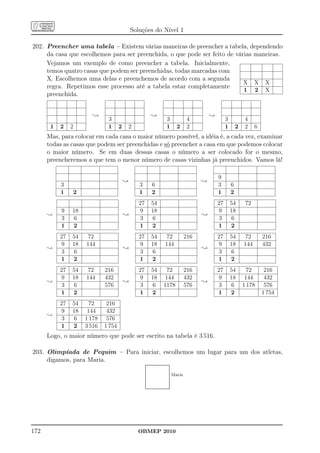 Soluções do Nível 1

202. Preencher uma tabela – Existem várias maneiras de preencher a tabela, dependendo
     da casa que escolhemos para ser preenchida, o que pode ser feito de várias maneiras.
     Vejamos um exemplo de como preencher a tabela. Inicialmente,
     temos quatro casas que podem ser preenchidas, todas marcadas com
     X. Escolhemos uma delas e preenchemos de acordo com a segunda
                                                                            X X X
     regra. Repetimos esse processo até a tabela estar completamente
                                                                            1 2 X
     preenchida.


                          ;                                    ;                                               ;
                                 3                                                   3                4                 3            4
       1   2    2                1      2   2                                        1         2      2                 1       2    2    6
      Mas, para colocar em cada casa o maior número possível, a idéia é, a cada vez, examinar
      todas as casas que podem ser preenchidas e só preencher a casa em que podemos colocar
      o maior número. Se em duas dessas casas o número a ser colocado for o mesmo,
      preencheremos a que tem o menor número de casas vizinhas já preenchidos. Vamos lá!

                                                                                                                   9
                                            ;                                                              ;
           3                                       3             6                                                 3        6
           1        2                              1             2                                                 1        2
                                                   27           54                                                 27       54       72
           9    18                                 9            18                                                 9        18
      ;                                     ;                                                              ;
           3    6                                  3            6                                                  3        6
           1    2                                  1            2                                                  1        2
           27   54      72                         27           54                 72                216           27       54      72        216
           9    18      144                        9            18                 144                             9        18      144       432
      ;                                     ;                                                              ;
           3    6                                  3            6                                                  3        6
           1    2                                  1            2                                                  1        2
           27   54      72      216                27           54                72                 216           27       54       72        216
           9    18      144     432                9            18               144                 432            9       18       144       432
      ;                                     ;                                                              ;
           3    6               576                3            6                1178                576            3        6      1 178      576
           1    2                                  1            2                                                  1        2                 1 754
           27   54       72      216
           9    18       144     432
      ;
           3    6       1 178    576
           1    2       3 516   1 754
      Logo, o maior número que pode ser escrito na tabela é 3 516.

203. Olimpíada de Pequim – Para iniciar, escolhemos um lugar para um dos atletas,
     digamos, para Maria.
                                                        .................................
                                                        .................................
                                                        ..                               .
                                                                                         .
                                                        .
                                                        .
                                                        .                                .
                                                                                         .
                                                                                         .
                                                        .
                                                        .                                .
                                                                                         .
                                                        .
                                                        .
                                                        .                                .
                                                                                         .
                                                                                         .
                                                        .
                                                        .
                                                        .                                .
                                                                                         .
                                                                                         .
                                                        .                                .
                                                                                             Maria
                                                        .
                                                        .
                                                        .                                .
                                                                                         .
                                                                                         .
                                                        .
                                                        .
                                                        .                                .
                                                                                         .
                                                                                         .
                                                        .
                                                        .
                                                        .                                .
                                                                                         .
                                                                                         .
                                                        .
                                                        .
                                                        .                                .
                                                                                         .
                                                                                         .
                                                        .
                                                        .
                                                        .                                .
                                                                                         .
                                                                                         .
                                                        .
                                                        .                                .
                                                                                         .
                                                        .
                                                        .
                                                        .                                .
                                                                                         .
                                                                                         .
                                                        .
                                                        .
                                                        .                                .
                                                                                         .
                                                                                         .
                                                        .
                                                        .
                                                        ..................................
                                                                                         .
                                                                                         .
                                                        .
                                                        .................................
                                                         .                               .




172                                               OBMEP 2010
 