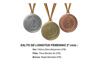 SALTO DE LONGITUD FEMENINO 2º ciclo :
Oro: Fátima Zahra Belyamani (4ºB)
Plata: Titina Mendes Sa (4ºB)
Bronce: Majda Bendada (4ºB)
 