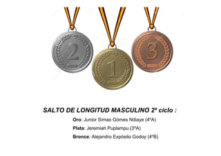 SALTO DE LONGITUD MASCULINO 2º ciclo :
Oro: Junior Simao Gómes Ndiaye (4ºA)
Plata: Jeremiah Puplampu (3ºA)
Bronce: Alejandro Expósito Godoy (4ºB)
 