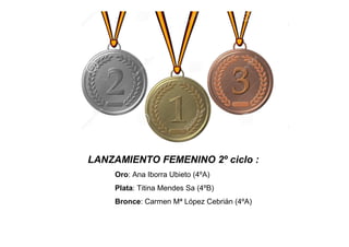 LANZAMIENTO FEMENINO 2º ciclo :
Oro: Ana Iborra Ubieto (4ºA)
Plata: Titina Mendes Sa (4ºB)
Bronce: Carmen Mª López Cebrián (4ºA)
 