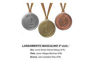 LANZAMIENTO MASCULINO 2º ciclo :
Oro: Junior Simao Gómes Ndiaye (4ºA)
Plata: Javier Villegas Martínez (4ºB)
Bronce: Jairo Cardador Díaz (4ºB)
 