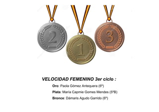 VELOCIDAD FEMENINO 3er ciclo :
Oro: Paola Gómez Antequera (6º)
Plata: María Capmie Gomes Mendes (5ºB)
Bronce: Dámaris Agudo Garrido (6º)
 