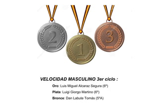 VELOCIDAD MASCULINO 3er ciclo :
Oro: Luis Miguel Alcaraz Segura (6º)
Plata: Luigi Giorgo Martino (6º)
Bronce: Dan Labute Tomás (5ºA)
 