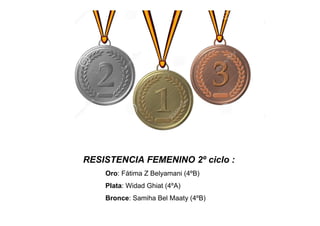 RESISTENCIA FEMENINO 2º ciclo :
Oro: Fátima Z Belyamani (4ºB)
Plata: Widad Ghiat (4ºA)
Bronce: Samiha Bel Maaty (4ºB)
 