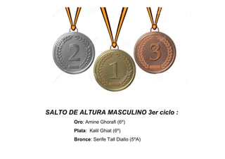 SALTO DE ALTURA MASCULINO 3er ciclo :
Oro: Amine Ghorafi (6º)
Plata: Kalil Ghiat (6º)
Bronce: Serife Tall Diallo (5ºA)
 