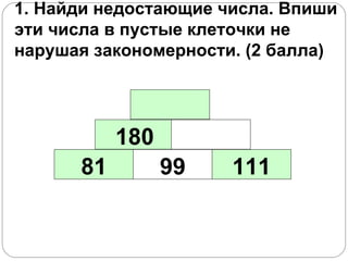 1. Найди недостающие числа. Впиши эти числа в пустые клеточки не нарушая закономерности. (2 балла)  81 99 111 180 