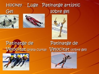 Hockey      Luge Patinatge artístic
Gel                 sobre gel




Patinatge de              Patinatge de
Velocitat (pista curta)   Velocitat (sobre gel)
 