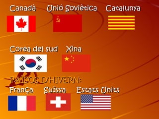 Canadà   Unió Soviètica   Catalunya




Corea del sud   Xina



PAÏSOS D’HIVERN:
França Suïssa  Estats Units
 