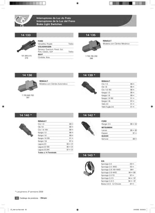 Interruptores da Luz do Freio
                                  Interruptores de la Luz del Freno
                                  Brake Light Switches



                14 133                                                         14 135

                                   FORD                                                          RENAULT
                                   Versailles, Royale                Todos                       Modelos com Câmbio Mecânico
                                   VOLKSWAGEN
                                   Santana, Quantum, Parati, Gol,
                                   Polo, Classic, Golf               Todos
                                   SEAT
                 191.945.515                                                   7.700.785.258
                     379           Córdoba, Ibiza
                                                                                    396




                  14 136                                                      14 139 *
                                     RENAULT                                                   RENAULT
                                     Modelos com Câmbio Automático                             Clio 1.0                        99 ß
                                                                                               Clio 1.6                        98 ß
                                                                                               Clio 1.6 16V                    98 ß
                                                                                               Kangoo 1.0                      98 ß
                  7.700.849.783                                                                Kangoo 1.6                      99 ß
                       397                                                                     Kangoo 1.6 16V                  01 ß
                                                                                               Kangoo 1.6i                     97 ß
                                                                                               Trafic 2.0                      01 ß
                                                                                               Trafic Furgão 2.0               01 ß



              14 140 *                                                        14 142 *

                                   RENAULT                                                     FORD
                                   Clio 1.0                           99 ß                     Ranger 2.5                      99 ß 02
                                   Clio 1.6                           98 ß                     MITSUBISHI
                                   Clio 1.6 16V                       98 ß                     Lancer                          88 ß 92
                                   Kangoo 1.0                         98 ß                     Espace                            91 ß
                                   Kangoo 1.6                         99 ß                     SUZUKI
                                   Kangoo 1.6 16V                     01 ß                     Samurai                           88 ß
                                   Kangoo 1.6i                        97 ß
                                   Laguna 2.0                       93 ß 01
                                   Laguna 2.0 16V                   95 ß 01
                                   Laguna 3.0 24V                   97 ß 01
                                   Todos c/ 4 Terminais
                                                                              14 143 *
                                                                                               KIA
                                                                                               Sportage 2.0                    00 ß
                                                                                               Sportage 2.0 4WD                00 ß
                                                                                               Sportage 2.0i 16V 4WD           94ß
                                                                                               Sportage 2.0i 4WD           94 ß 99
                                                                                               Sportage 2.0 TD                 97 ß
                                                                                               Sportage 2.2 D             94 ß 97
                                                                                               Sportage 2.2i D            94 ß 97
                                                                                               Besta 3.0 D C/ Chicote          97 ß



       * Lançamento 2À semestre 2009


        36 Catálogo de produtos       Olimpic




07_inter luz freio.indd 36                                                                                                        2/4/2009 09:38:03
 