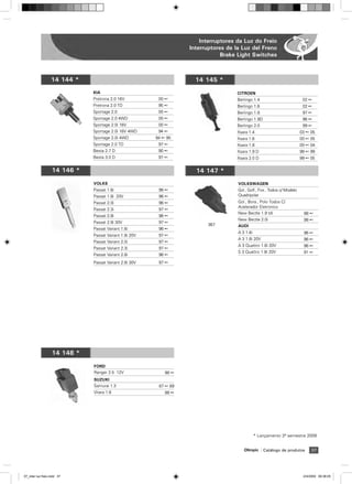 Interruptores da Luz do Freio
                                                                   Interruptores de la Luz del Freno
                                                                               Brake Light Switches



                   14 144 *                                          14 145 *
                              KIA                                                    CITROEN
                              Pretrona 2.0 16V           00 ß                        Berlingo 1.4                          02 ß
                              Pretrona 2.0 TD            95 ß                        Berlingo 1.6                          02 ß
                              Sportage 2.0               00 ß                        Berlingo 1.8                          97 ß
                              Sportage 2.0 4WD           00 ß                        Berlingo 1.9D                         96 ß
                              Sportage 2.0i 16V          00 ß                        Berlingo 2.0                          99 ß
                              Sportage 2.0i 16V 4WD      94 ß                        Xsara 1.4                            03 ß 05
                              Sportage 2.0i 4WD         94 ß 95                      Xsara 1.6                            00 ß 05
                              Sportage 2.0 TD            97 ß                        Xsara 1.8                            00 ß 04
                              Besta 2.7 D                90 ß                        Xsara 1.9 D                          98 ß 99
                              Besta 3.0 D                97 ß                        Xsara 2.0 D                          99 ß 05


                   14 146 *                                          14 147 *
                              VOLKS                                                  VOLKSWAGEN
                              Passat 1.6i                96 ß                        Gol , Golf , Fox , Todos c/ Modelo
                              Passat 1.8i 20V            96 ß                        Quadripolar
                              Passat 2.0i                96 ß                        Gol , Bora , Polo Todos C/
                                                                                     Acelerador Eletronico
                              Passat 2.3i                97 ß
                                                                                     New Bectle 1.9 tdi                    98 ß
                              Passat 2.8i                96 ß
                                                                                     New Bectle 2.0i                       98 ß
                              Passat 2.8i 30V            97 ß
                                                                          367        AUDI
                              Passat Variant 1.6i        96 ß
                                                                                     A 3 1.6i                              96 ß
                              Passat Variant 1.8i 20V    97 ß
                                                                                     A 3 1.8i 20V                          96 ß
                              Passat Variant 2.0i        97 ß
                                                                                     A 3 Quattro 1.8i 20V                  96 ß
                              Passat Variant 2.3i        97 ß
                                                                                     S 3 Quattro 1.8i 20V                  91 ß
                              Passat Variant 2.8i        96 ß
                              Passat Variant 2.8i 30V    97 ß




                   14 148 *
                              FORD
                              Ranger 2.5 12V                98 ß
                              SUZUKI
                              Samurai 1.3                87 ß 89
                              Vitara 1.6                    88 ß




                                                                                                * Lançamento 2À semestre 2009


                                                                                        Olimpic      Catálogo de produtos      37




07_inter luz freio.indd 37                                                                                                 2/4/2009 09:38:05
 