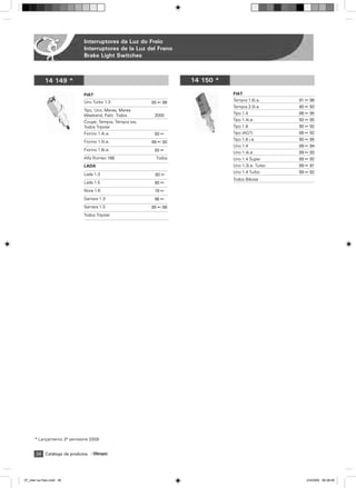 Interruptores da Luz do Freio
                             Interruptores de la Luz del Freno
                             Brake Light Switches



              14 149 *                                             14 150 *

                             FIAT                                             FIAT
                             Uno Turbo 1.3                                    Tempra 1.6i.e.      91 ß 96
                                                         85 ß 88
                                                                              Tempra 2.0i.e.      90 ß 93
                             Tipo, Uno, Marea, Marea
                             Weekend, Palio Todos         2000                Tipo 1.4            88 ß 95

                             Coupe, Tempra, Tempra sw,                        Tipo 1.4i.e.        93 ß 95
                             Todos Tripolar                                   Tipo 1.6            90 ß 92
                             Fiorino 1.4i.e.              93 ß                Tipo (AGT)          88 ß 92
                                                                              Tipo 1.6 i.e.       90 ß 95
                             Fiorino 1.5i.e.             88 ß 93
                                                                              Uno 1.4             89 ß 94
                             Fiorino 1.6i.e.              93 ß
                                                                              Uno 1.4i.e.         89 ß 93
                             Alfa Romeo 166                Todos              Uno 1.4 Super       89 ß 92
                             LADA                                             Uno 1.3i.e. Turbo   89 ß 91
                                                                              Uno 1.4 Turbo       89 ß 92
                             Lada 1.3                     80 ß
                                                                              Todos Bibolar
                             Lada 1.5                     80 ß
                             Nivia 1.6                    78 ß
                             Samara 1.3                   86 ß
                             Samara 1.5                  85 ß 88
                             Todos Tripolar




       * Lançamento 2À semestre 2009


        38 Catálogo de produtos   Olimpic




07_inter luz freio.indd 38                                                                           2/4/2009 09:38:08
 