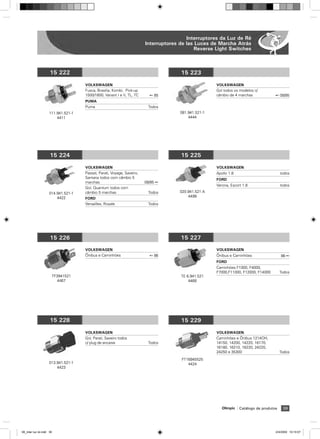 Interruptores da Luz de Ré
                                                                        Interruptores de las Luces de Marcha Atrás
                                                                                            Reverse Light Switches



                     15 222                                                           15 223

                                    VOLKSWAGEN                                                        VOLKSWAGEN
                                    Fusca, Brasilia, Kombi, Pick-up                                   Gol todos os modelos c/
                                    1500/1600, Variant I e II, TL, TC     ß 85                        câmbio de 4 marchas             ß 08/85
                                    PUMA
                                    Puma                                 Todos
                    111.941.521-1                                                     081.941.521-1
                        4411                                                              4444




                     15 224                                                           15 225

                                    VOLKSWAGEN                                                        VOLKSWAGEN
                                    Passat, Parati, Voyage, Saveiro,                                  Apollo 1.8                          todos
                                    Santana todos com câmbio 5                                        FORD
                                    marchas                             08/85 ß
                                                                                                      Verona, Escort 1.8                  todos
                                    Gol, Quantum todos com
                    014.941.521-1   câmbio 5 marchas                     Todos        020.941.521 A
                                                                                          4499
                        4422        FORD
                                    Versailles, Royale                   Todos




                     15 226                                                           15 227
                                    VOLKSWAGEN                                                        VOLKSWAGEN
                                    łnibus e Caminhões                    ß 86                        łnibus e Caminhões                  86 ß
                                                                                                      FORD
                                                                                                      Caminhões F1000, F4000,
                                                                                                      F7000,F11000, F12000, F14000        Todos
                      TF3941521                                                       TE 6.941.521
                        4467                                                              4468




                     15 228                                                           15 229

                                    VOLKSWAGEN                                                        VOLKSWAGEN
                                    Gol, Parati, Saveiro todos                                        Caminhões e łnibus 1214OH,
                                    c/ plug de encaixe                   Todos                        14150, 14200, 14220, 16170,
                                                                                                      16180, 16210, 16220, 24220,
                                                                                                      24250 e 35300                       Todos
                                                                                      FT16945525
                    013.941.521-1                                                        4424
                        4423




                                                                                                         Olimpic   Catálogo de produtos    39




08_inter luz ré.indd 39                                                                                                               2/4/2009 10:10:07
 