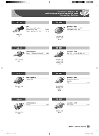 Interruptores da Luz de Ré
                                                                      Interruptores de las Luces de Marcha Atrás
                                                                                          Reverse Light Switches



                     15 238                                                         15 239

                                      FIAT                                                          MERCEDES-BENZ
                                      Palio, Weekend, Uno, Elba,                                    łnibus, Caminhões OH 1313,
                                      Prêmio com inj. elet.           10/94 ß                       0326, 0362, 0364 e 1214
                                      Tempra SW, Tipo c/ inj. elet.     ß 95

                          7.588.520
                             4435                                                   3.445.450.106
                                                                                    345.545.7006
                                                                                        4413




                     15 240                                                         15 241

                                      MERCEDES-BENZ                                                 MERCEDES-BENZ
                                      łnibus, Caminhões 0370, 0371     Todos                        709, 1214, 1218, 1418, 1420, 1417




                     000.545.8714                                                   00154511.09/
                         4414                                                       1 00.545.7909
                                                                                    001.545.2709
                                                                                        4416




                     15 242                                                         15 243

                                      MERCEDES-BENZ                                                 MERCEDES-BENZ
                                      1618 e 1620                                                   Caminhões, 2635 6X4
                                                                                                    SCANIA
                                                                                                    113                                 Todos

                    000.545.71.06                                                   001545.8214
                        4417                                                        001.545.4714
                                                                                     1.303.471
                                                                                        4418




                     15 244                                                         15 245

                                      MERCEDES-BENZ                                                 MERCEDES-BENZ
                                      Sprinter                         Todos                        1621, 1721                          Todos




                                                                                    000.545.7506
                     004.545.2714                                                       4421
                         4420




                                                                                                       Olimpic   Catálogo de produtos    41




08_inter luz ré.indd 41                                                                                                             2/4/2009 10:10:12
 