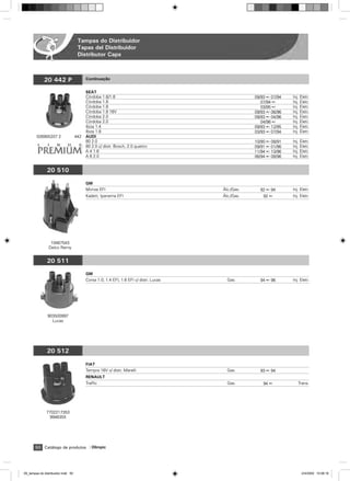 Tampas do Distribuidor
                                     Tapas del Distribuidor
                                     Distributor Caps



             20 442 P                     Continuação


                                          SEAT
                                          Córdoba 1.6/1.8                                           09/93 ß 07/94   Inj. Eletr.
                                          Córdoba 1.8                                                  07/94 ß      Inj. Eletr.
                                          Córdoba 1.8                                                  03/95 ß      Inj. Eletr.
                                          Córdoba 1.8 16V                                           09/93 ß 06/96   Inj. Eletr.
                                          Córdoba 2.0                                               09/93 ß 04/96   Inj. Eletr.
                                          Córdoba 2.0                                                  04/96 ß      Inj. Eletr.
                                          Ibiza 1.4                                                 09/93 ß 12/95   Inj. Eletr.
                                          Ibiza 1.8                                                 03/93 ß 07/94   Inj. Eletr.
        026905207 2                 442   AUDI
                                          80 2.0                                                    10/90 ß 08/91   Inj. Eletr.
                                          80 2.0 c/ distr. Bosch, 2.0 quattro                       09/91 ß 01/96   Inj. Eletr.
                                          A 4 1.6                                                   11/94 ß 10/96   Inj. Eletr.
                                          A 6 2.0                                                   06/94 ß 08/96   Inj. Eletr.


               20 510
                                          GM
                                          Monza EFI                                     ˘lc./Gas.     92 ß 94       Inj. Eletr.
                                          Kadett, Ipanema EFI                           ˘lc./Gas.       92 ß        Inj. Eletr.




                 10467543
                Delco Remy

                 10467543
               20 511
               Delco Remy

                                          GM
                                          Corsa 1.0, 1.4 EFI, 1.6 EFI c/ distr. Lucas     Gas.        94 ß 96       Inj. Eletr.




               903500997
                 Lucas




               20 512

                                          FIAT
                                          Tempra 16V c/ distr. Marelli                    Gas.        93 ß 94
                                          RENAULT
                                          Traffic                                         Gas.          94 ß           Trans.




               7702217353
                9946355




       50 Catálogo de produtos               Olimpic




09_tampas do distribuidor.indd 50                                                                                        2/4/2009 10:08:16
 