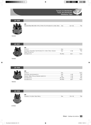 Tampas do Distribuidor
                                                                                                           Tapas del Distribuidor
                                                                                                                Distributor Caps



                    20 556
                                    GM
                                    Chevrolet Brasil A60, C60, C1415, C1416, C10, A10 todos 6 cil. c/ distr. Delco     Gas.             53 ß 83              Plat.




             1924248




                    20 557
                                    GM
                                    C10 4 cil.                                                                         Gas.                                 Trans.
                                    Comodoro, Caminhão, Caminhoneta 4 cil. c/ distr. Delco, Caravan,                   Gas.              ß 83                Plat.
                                    Opala, Pick-up 4 cil.
                                    Comodoro 4 cil.                                                                  ˘lc./Gas.           83 ß               Trans.



             1954606




                    20 558
                                    GM
                                    C10 6 cil.                                                                         Gas.                                 Trans.
                                    Caminhão, Ceminhoneta 6 cil.                                                       Gas.              ß 83                Plat.
                                    Caravan, Opala, Pick-up, Veraneio todos 6 cil.                                     Gas.              ß 84                Plat.
                                    Comodoro 6 cil.                                                                  ˘lc./Gas.           ß 83                Plat.
                                    Comodoro 6 cil.                                                                  ˘lc./Gas.           83 ß               Trans.

             1963556




                    20 559

                                    GM
                                    Chevette 1.4 c/ distr. Delco Remy                                                  Gas.             73 ß 79              Plat.




             3479003




                                                                                                                           Olimpic   Catálogo de produtos     53




09_tampas do distribuidor.indd 53                                                                                                                       2/4/2009 10:08:18
 